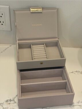 RARE Stackers Jewelry Storage Box 4-Section Classic Tray & Mini Lidded Box Taupe